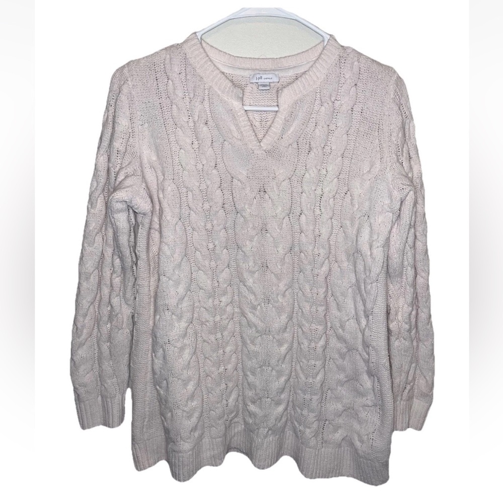 J Jill Split Neck Ivory Cable Knit Chenille Long Sleeve Sweater Size SP EUC